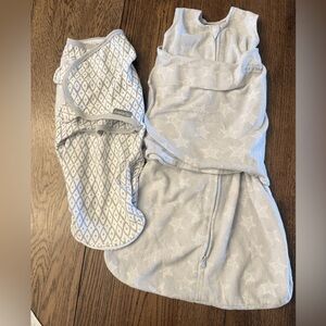 Set of 2 Swaddles Halo Fleece Gray Stars Sz S & Swaddle Me Sz S/M Sleep Sacks BG